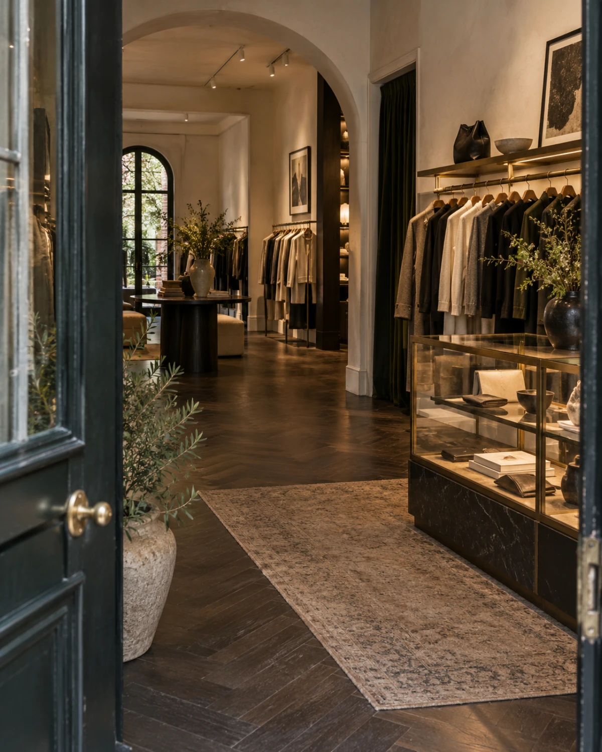 Refined boutique interior with curated clothing rails and an accessory display