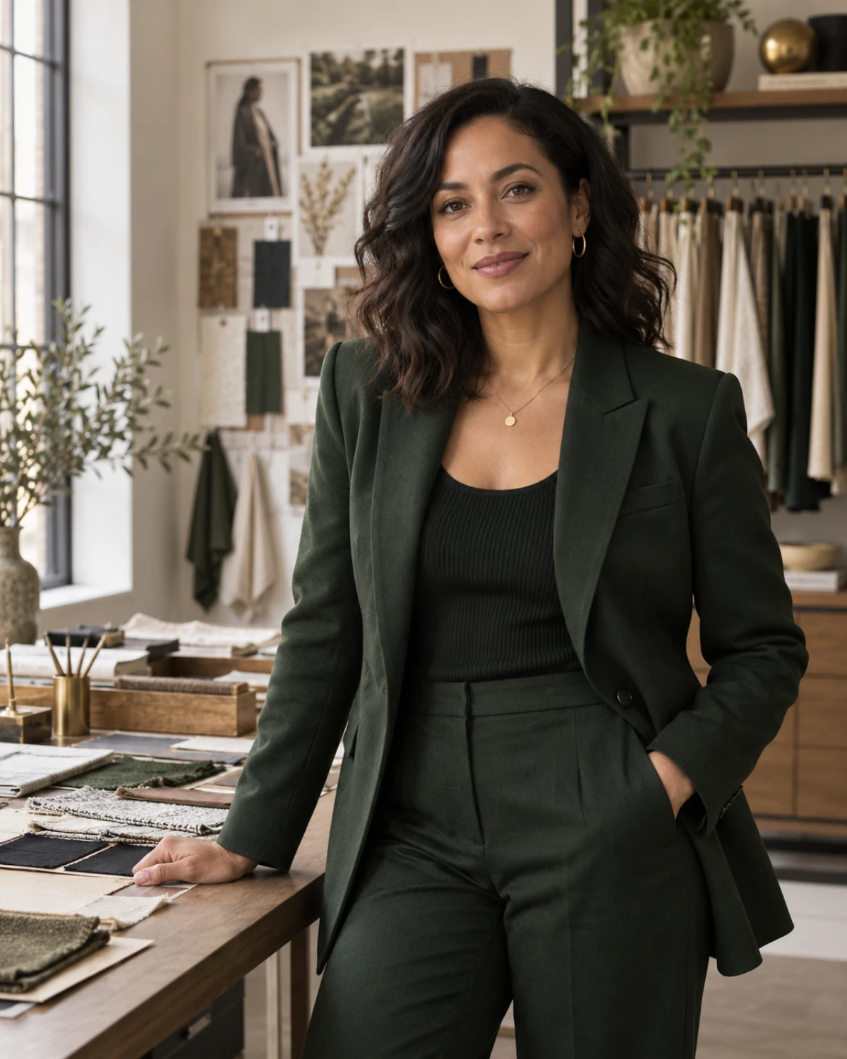 Freshdrop Fashion concierge in a tailored suit beside a material library