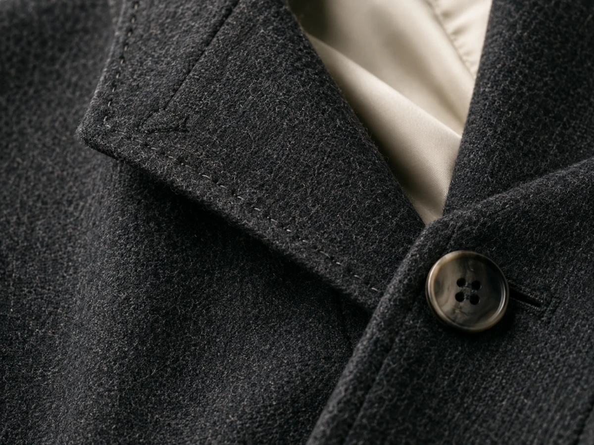 Close-up of charcoal tailoring showing precise stitching, button and fabric texture